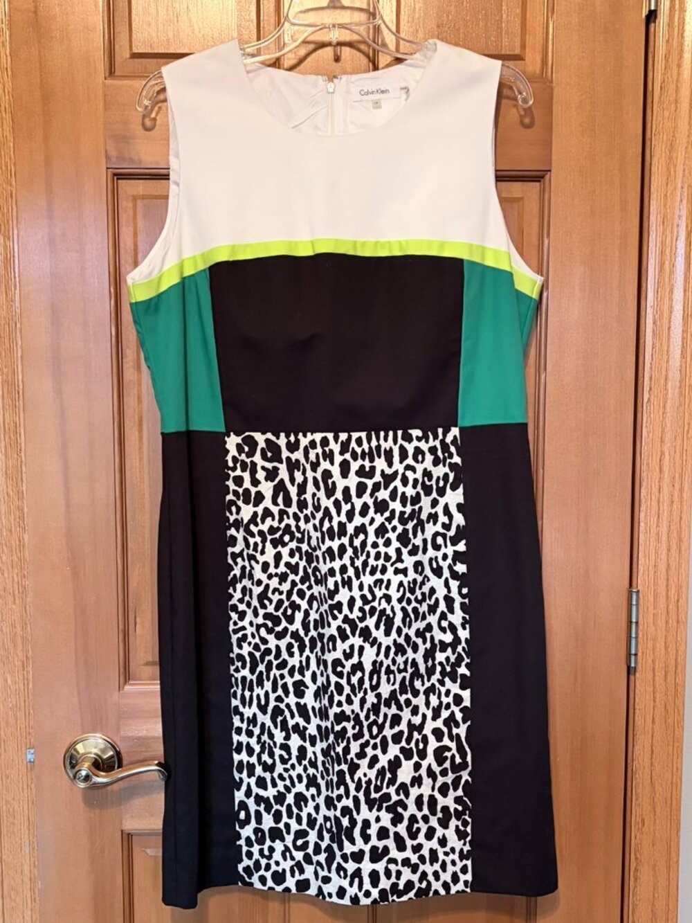 Calvin Klein Sleeveless Colorblock Leopard Print Shift Dress Size 14 NWOT